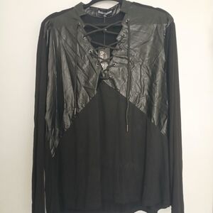 Scarlett Darkness Black Faux Leather & Knit Lace-Up Long Sleeve Women's Top 2X